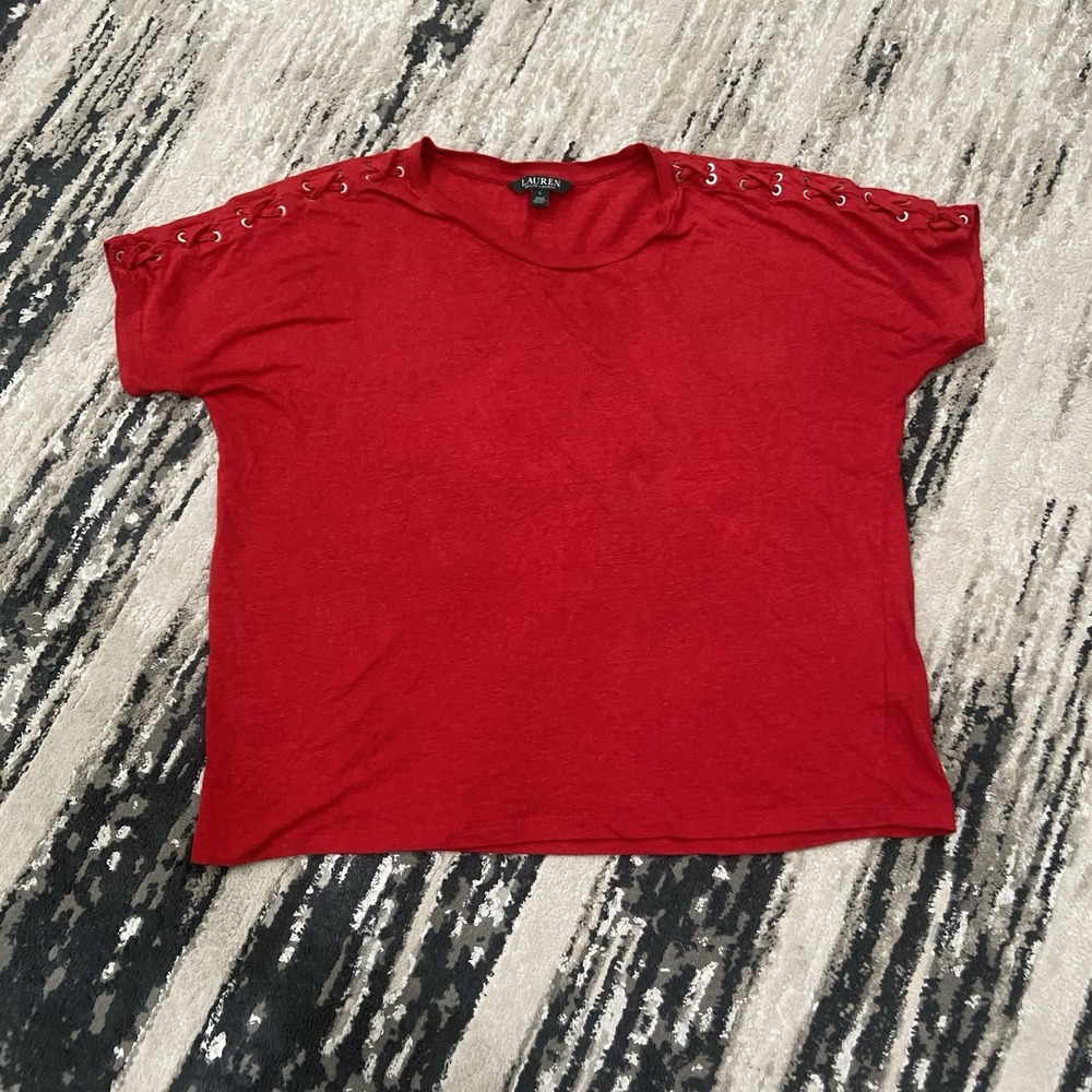 Lauren Ralph Lauren Women's Shirt Large Green Label Red Lace-Up Ribbed‎